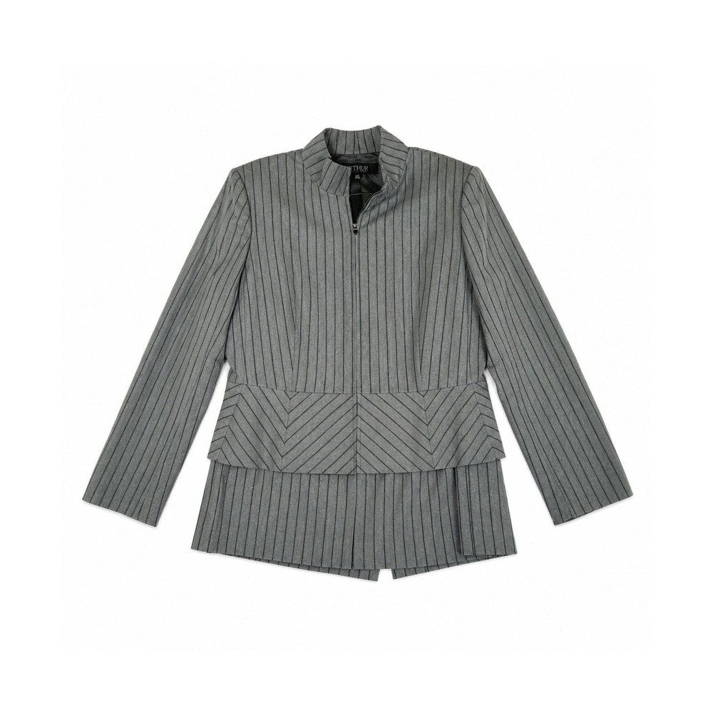 2 Piece Kasper Size 10 Petite Gray Zip Front Blazer Jacket & Pencil Skirt Stripe